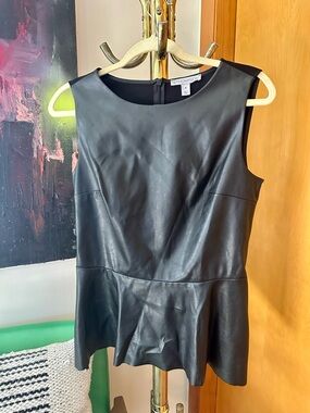 12 Thompson Black Faux Leather Peplum Top